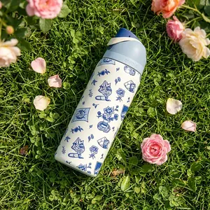 Blue Delft Cat Floral Water Bottle, 32oz FreeSip Style Tumbler Design, Insulated Stainless Steel Bottle, Cute Cat and Floral Travel Cup, Leakproof Straw Water Bottle, Birthday Gift for Her Inspired by Owala FreeSip 32 oz Water Bottle