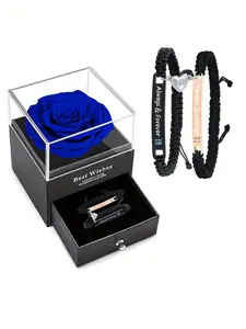 Heart Knitted Bracelet Set with Rose Gift Box, Romantic Couple Bracelets, Magnetic Heart Accessories, Heart Charm Bracelet, High Quality Jewelry Gifts