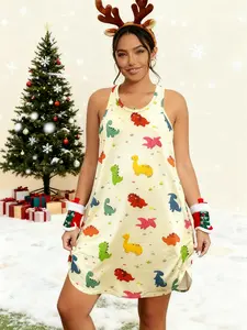 Women's 100% Polyester Christmas Sleeveless Tank Dress - Colorful Dinosaur Print Loose Fit Festive Holiday Casual Lounge Dress