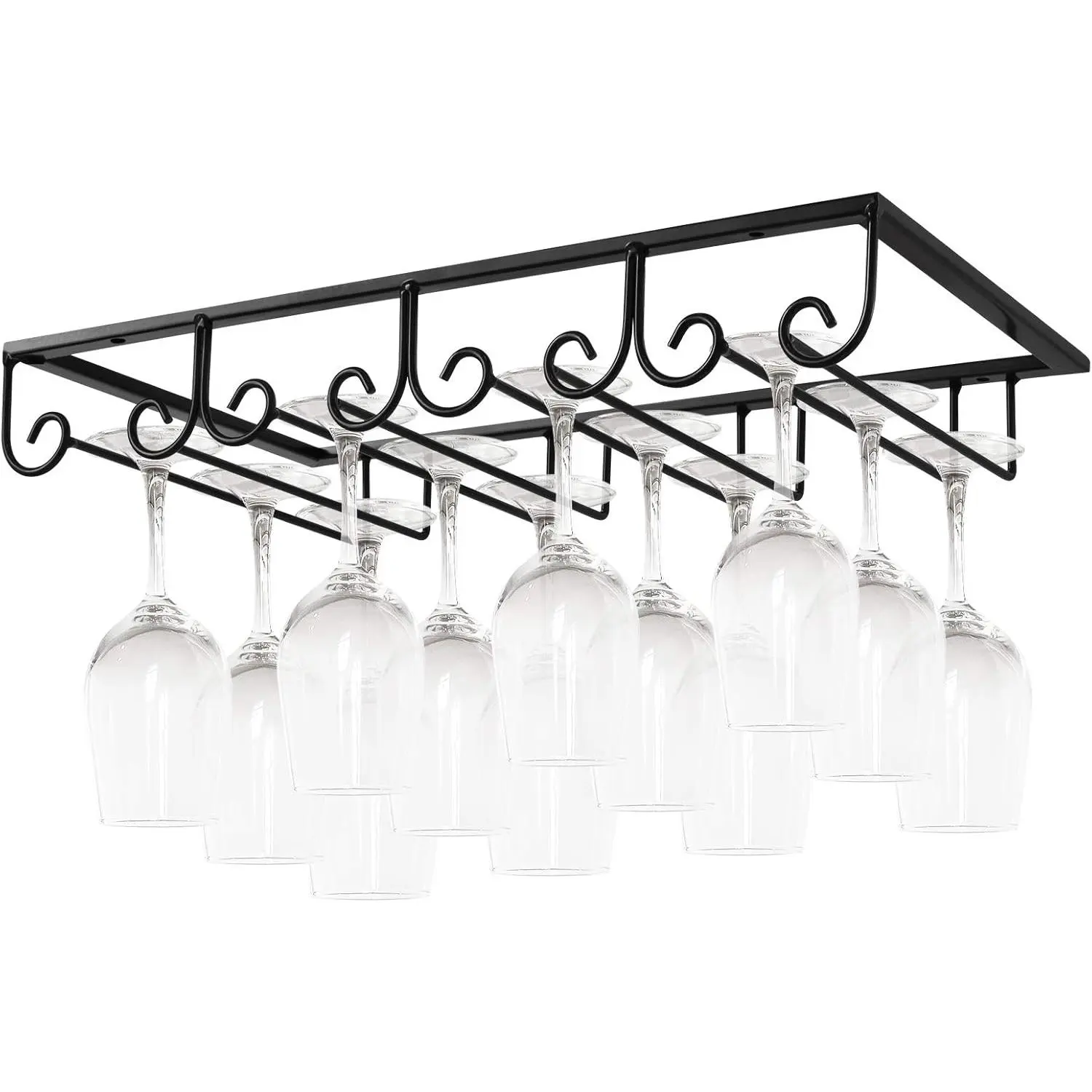 Under Cabinet  Glass Rack Stemware Rack,  Glasses Hanger Rack Wire  Glass Holder Storage Hanger for Cabinet Kitchen Bar (Black, 4 Rows 1 Pack)