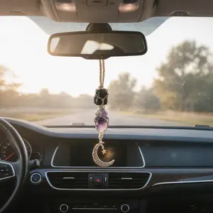 Car Rearview Mirror Crystal Hanging for Protection & Calm, Black Tourmaline & Amethyst Witchy Car Decor, Natural Crystal Charm Gift