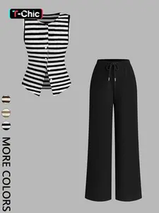 2-Piece Striped Vest & Wide-Leg Pants Set - Retro Baddie Style Slim-Fitting & Figure-Flattering | Stretchy Knit Womenswear For Women’s Summer Outings / Casual Social Gatherings Summer Outfits Set