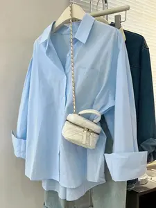 Women's Summer Loose Long Sleeve Light Blue Linen Shirt Trendy Street Casual Everyday Style Button-Up Blouse Top Comfortable Breathable Fit for Wear Classy wardrobe essential basic versatile piece easy care