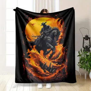 Western Cowboy Sunset Graphic Flannel Throw - Fiery Horse & Desert Art Print, Soft Warm Durable Anti-Pilling, Western Blankets, All Season Blankets, Ideal for Sofa, Gifts, Home Decor by Summerwins
