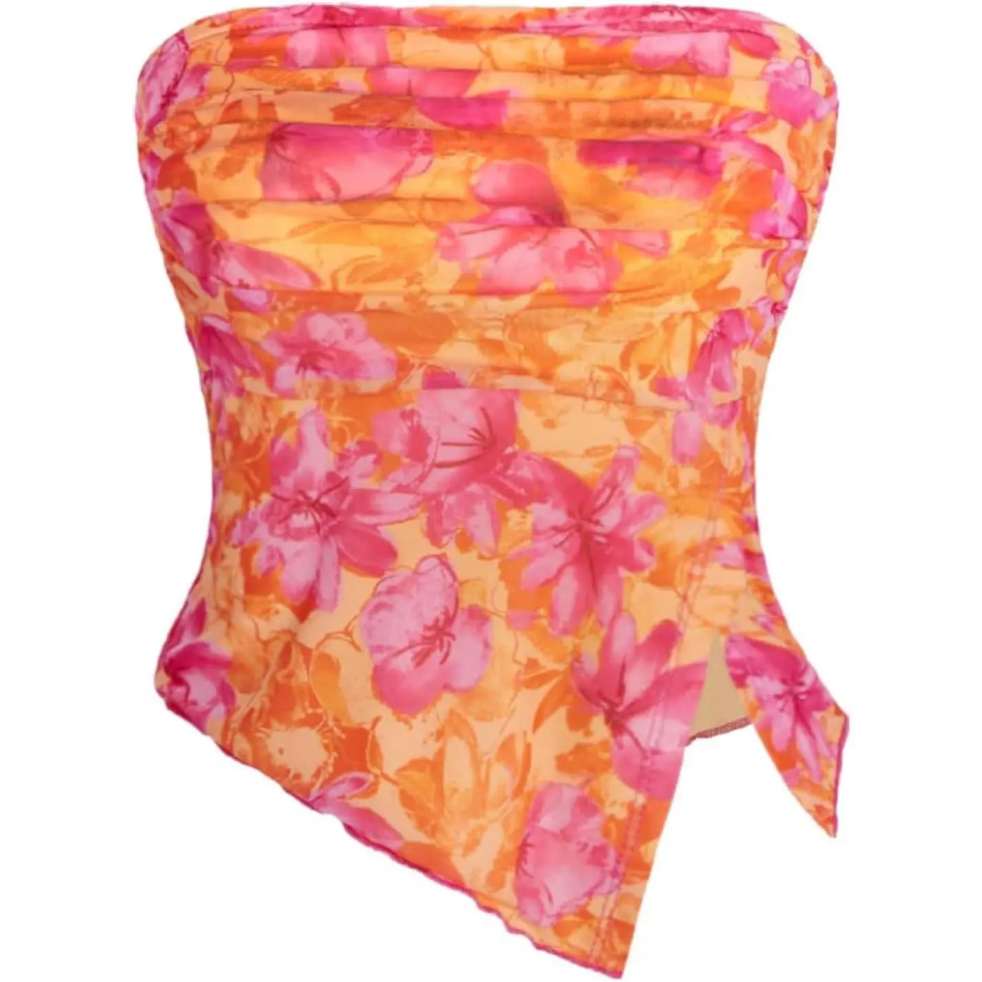Women Floral Summer Mesh Ruched Tube Top Y2k Going Out Crop Tops | Strapless Tropical Hawaiian Tank, Vacation Outfits, Beach, Bandeau, Asymmetrical Split Hem