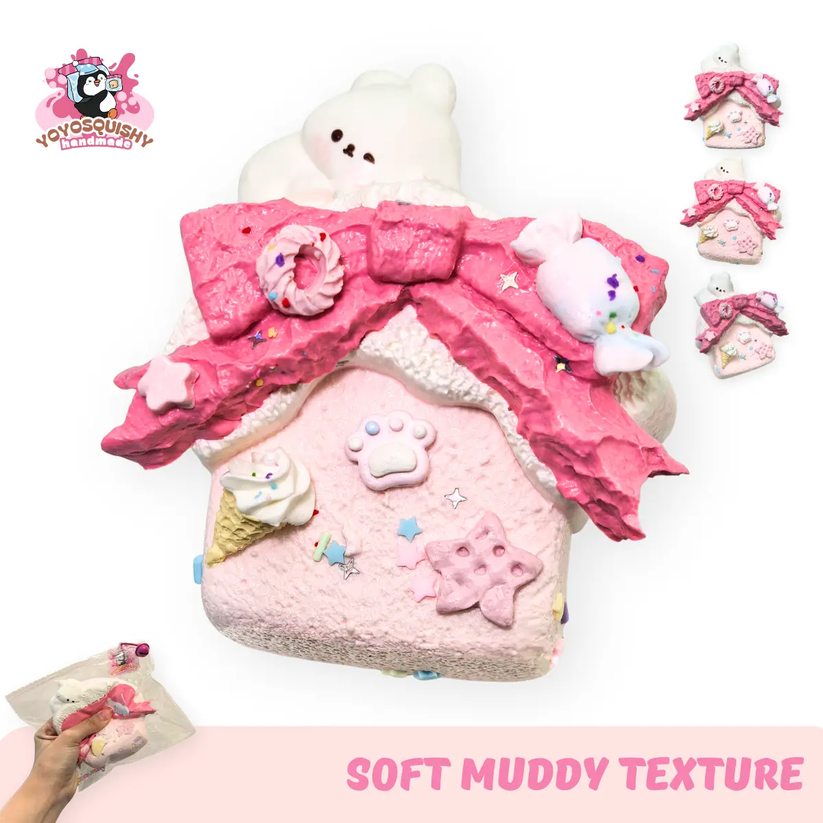 YOYOSQUISHY Pink Cute Toast House Stress Relief Fidget Toy - Handmade Food-Grade Silicone Soft Sensory Toy with Sensory Squeeze, Slow & Soothing Rebound, Muddy Texture, 9.8x10.3x4.6 cm Gift-Ready Box