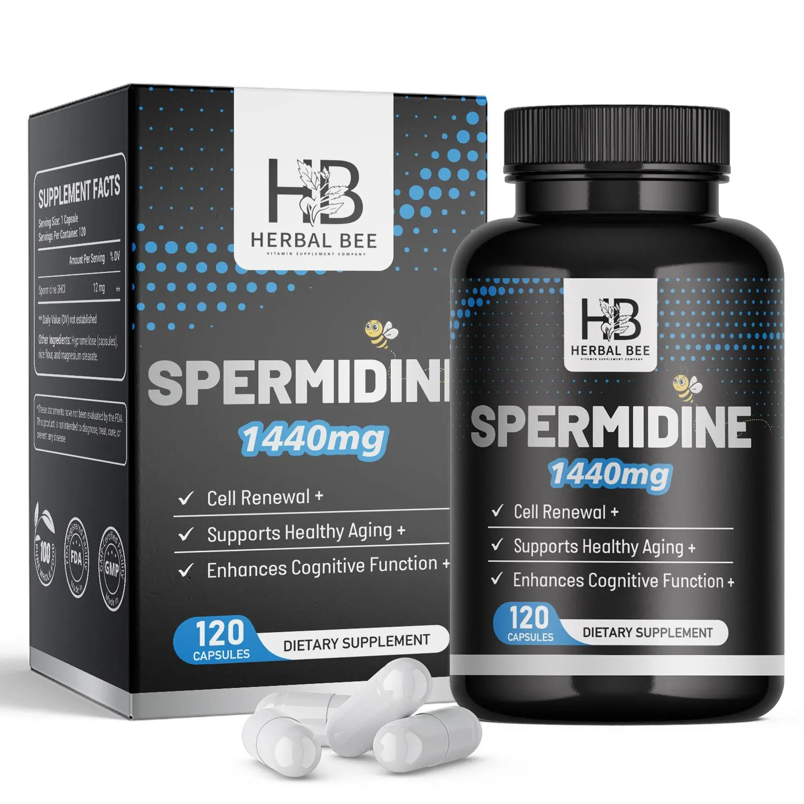 Herbal Bee Spermidine Supplement 1440mg – Supports Cell Renewal, Healthy Aging & Cognitive Function | 12mg Spermidine 3HCl Per Serving | Pure Whole Food, FDA Registered, GMP Certified | 120 Capsules Healthcare Natural
