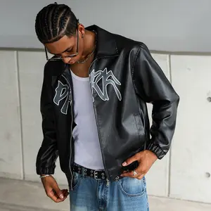 Men’s graphic print faux leather jacket with zip-up closure and lapel collar; vintage biker streetwear casual bomber coat; head-turning streetwear | graphic faux leather biker jacket Menswear Tops Long Sleeve Chainsaw