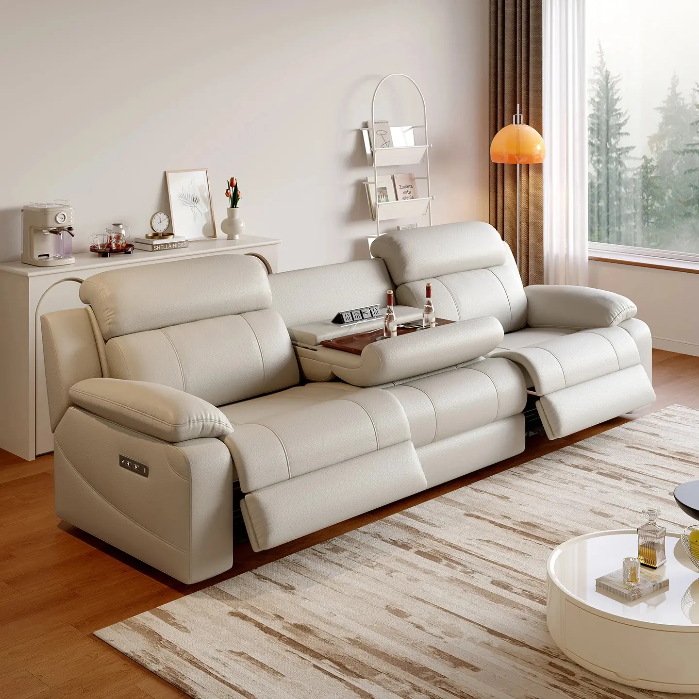 Premium Leather Power Recliner Sectional Set - Custom Rivet Design Indoor Furniture with Sponge, Cushion Back, Built-in Power Port, USB, Adjustable Arms, Storage, Breathable Upholstery, Assembly Required, Oversized Chaise Futon for Living Room Watch Party