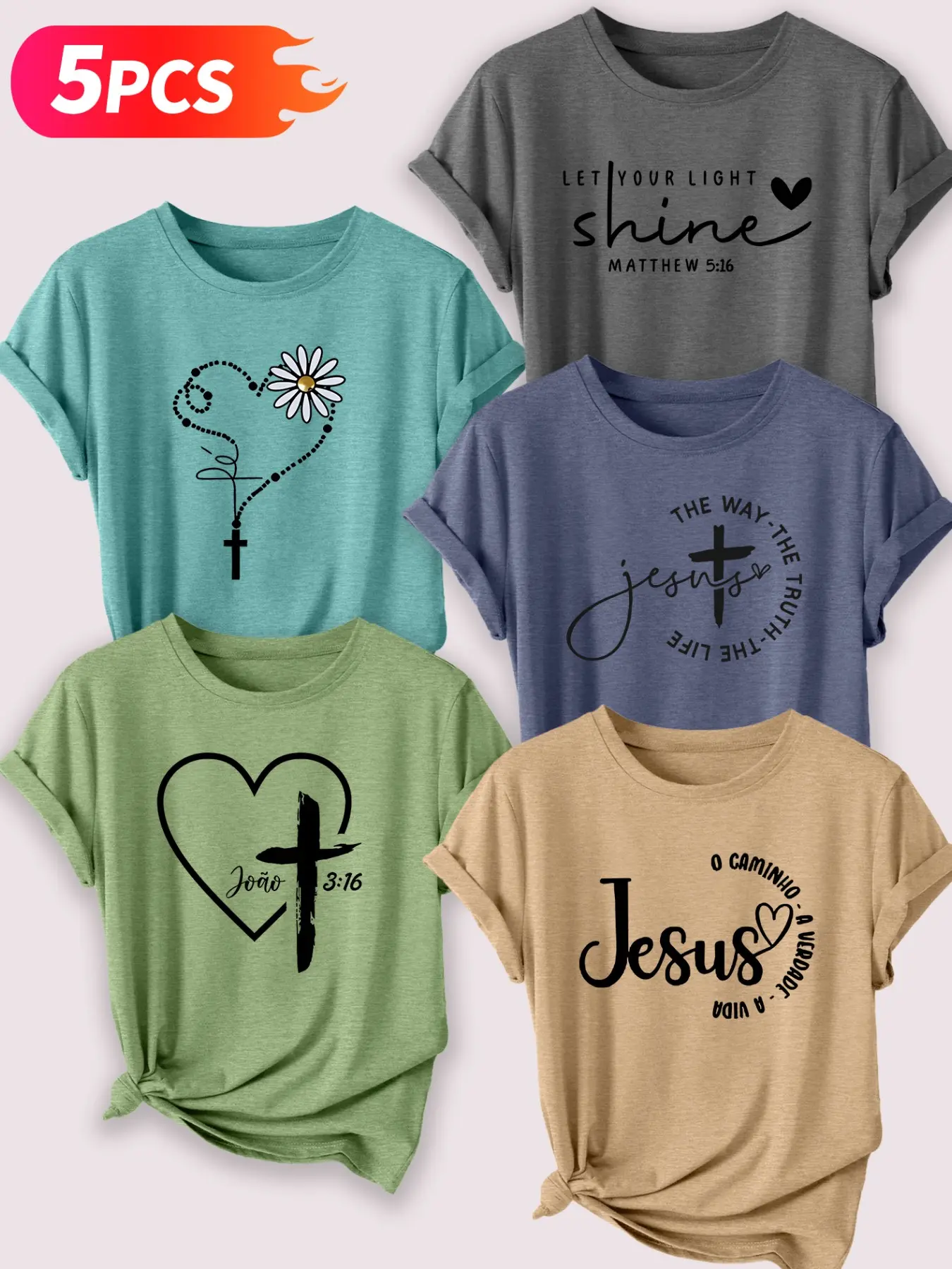 5 Pack Faith & Bible Print Floral Flower Fitted Round Neck T-shirts, Floral Graphic Tee, Classic Fashionable Casual Streetwear for All Seasons