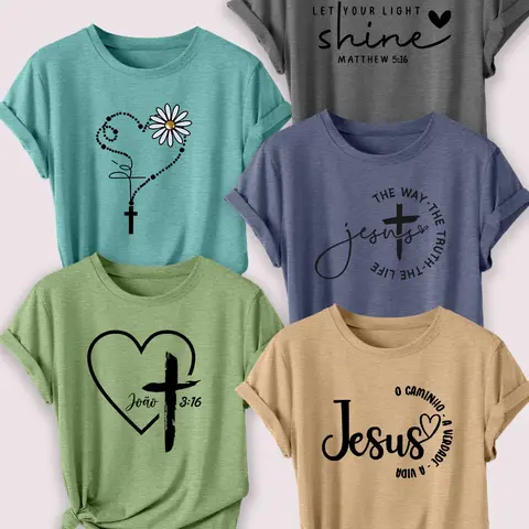 5 Pack Faith & Bible Print Floral Flower Fitted Round Neck T-shirts, Classic Fashionable Casual Streetwear Graphic Tees Apparel for All Seasons
