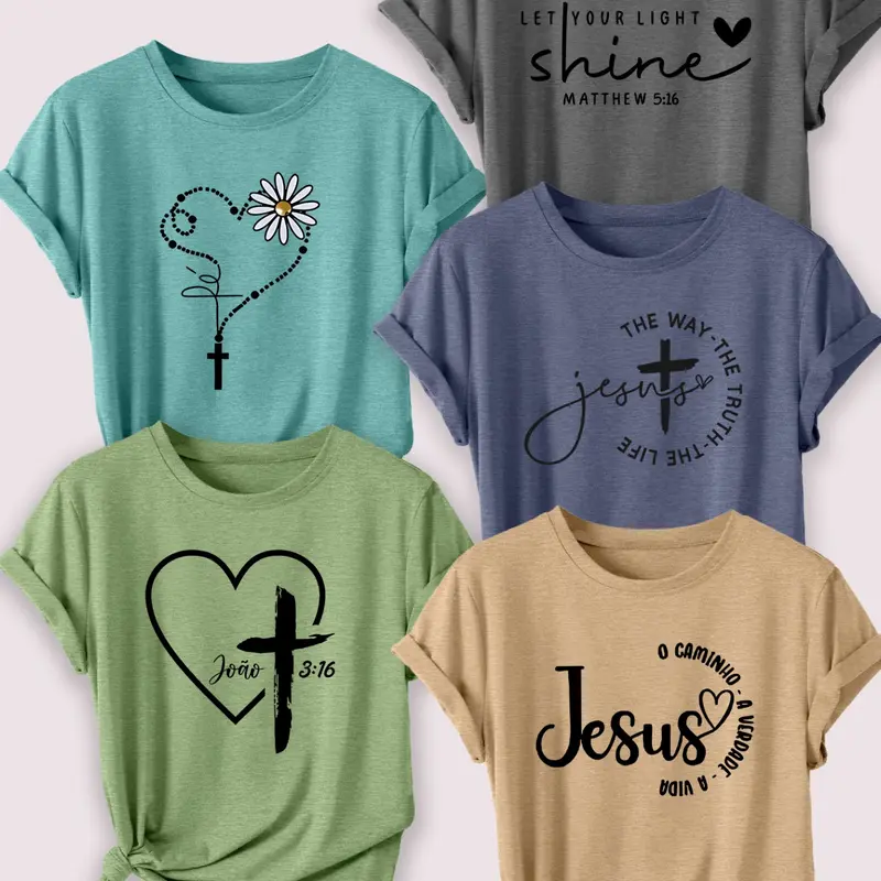 5 Pack Faith & Bible Print Floral Flower Fitted Round Neck T-shirts, Classic Fashionable Casual Streetwear Graphic Tees Apparel for All Seasons