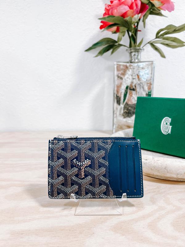 Pre-owned Goyard Coated Canvas and Leather Small Leather Goods BNIB Navy Blue Zipper Top Card Holder with Versatile Design for Card Organization