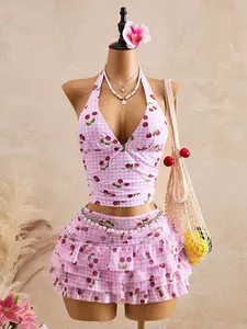 ZESTIVA Tankini set plaid cherry print beach vacation summer outfit