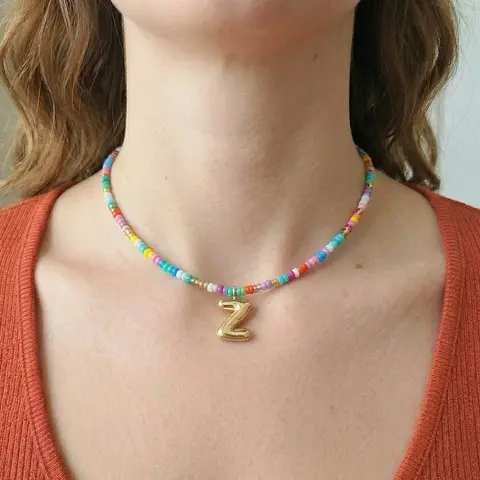 Women's Bold & Bright Beaded Bubble Initial Choker Necklace - Handmade Adjustable Chain Beach Letter Accessory for Daily Wear Enthusiasts, Beach Letter Necklace