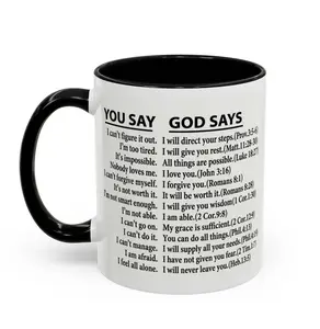 [SALE UP TO 50%] You Say God Says Two-tone Ceramic Mug _ Bible Verse Coffee Cup for Christian Men & Women _ Religious Easter Baptism Gift Daily Affirmation