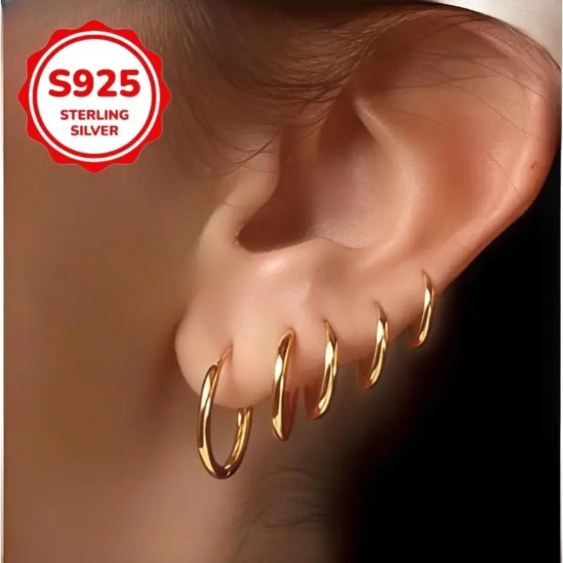 Women's 5pcs 925 Sterling Silver Female Huggie Earrings Set - Metal-Coated Stacking Huggie Hoops, Elegant Minimalist Lightweight Jewelry for Casual Daily Wear