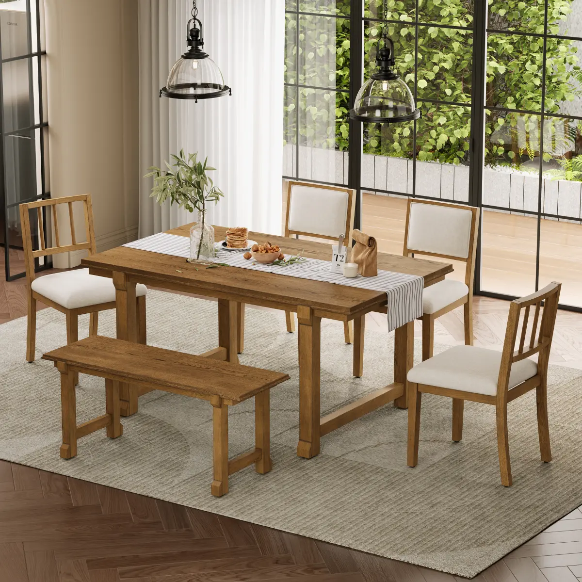 [Bellemave] 6-Piece Farmhouse Dining Set for 6| 1 Long Bench & 4 Chairs| Solid Wood Legs and Frame| Kitchen Table Set
