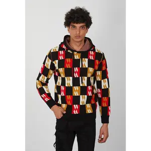 Men’s Color Block Knit Hoodie – Bold Checkerboard Pullover in Red, Mustard, White & Black