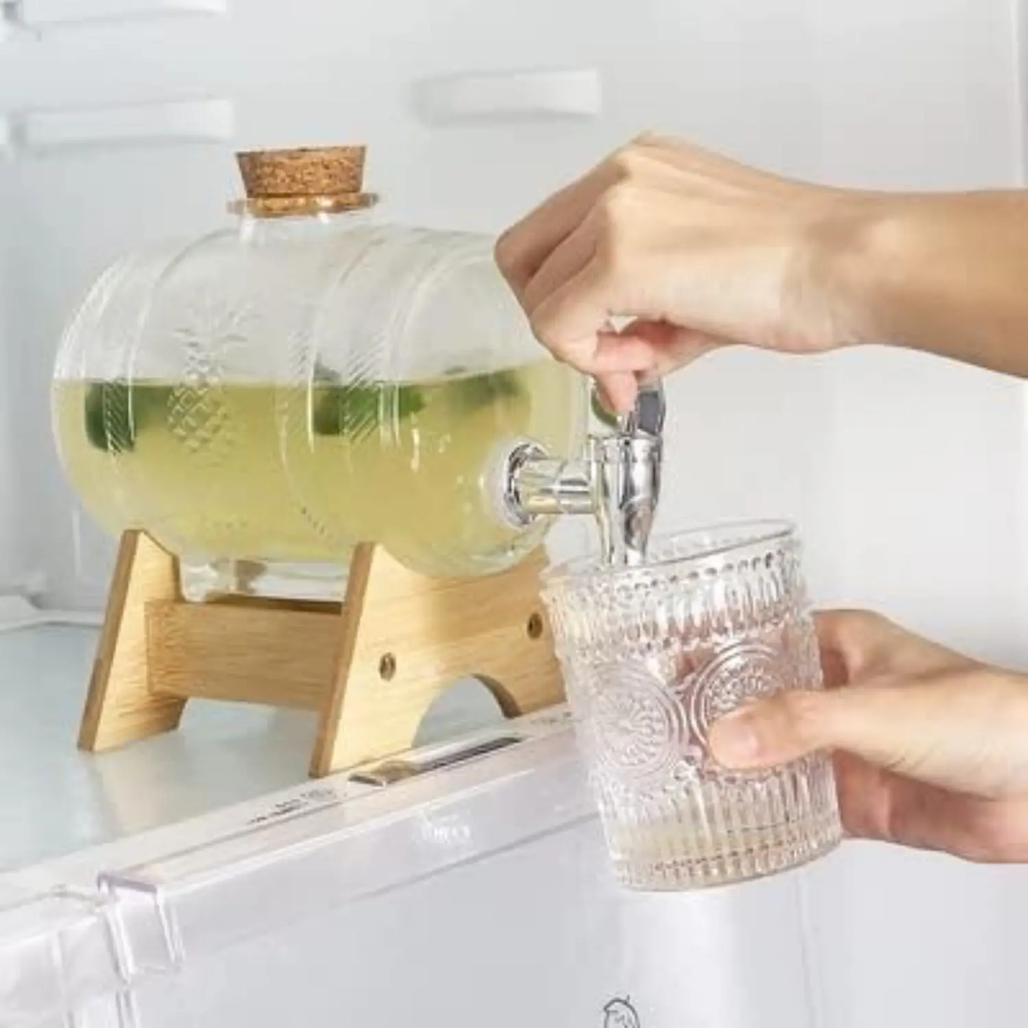 MIUVA Glass Beverage Dispenser 0.26 Gallon 1L with Solid Wood Stand & Stainless Steel Spigot for Fridge Juice Wine Cold Drinks BBQ Picnic Pool Party Daily Use Dishwasher Safe Home