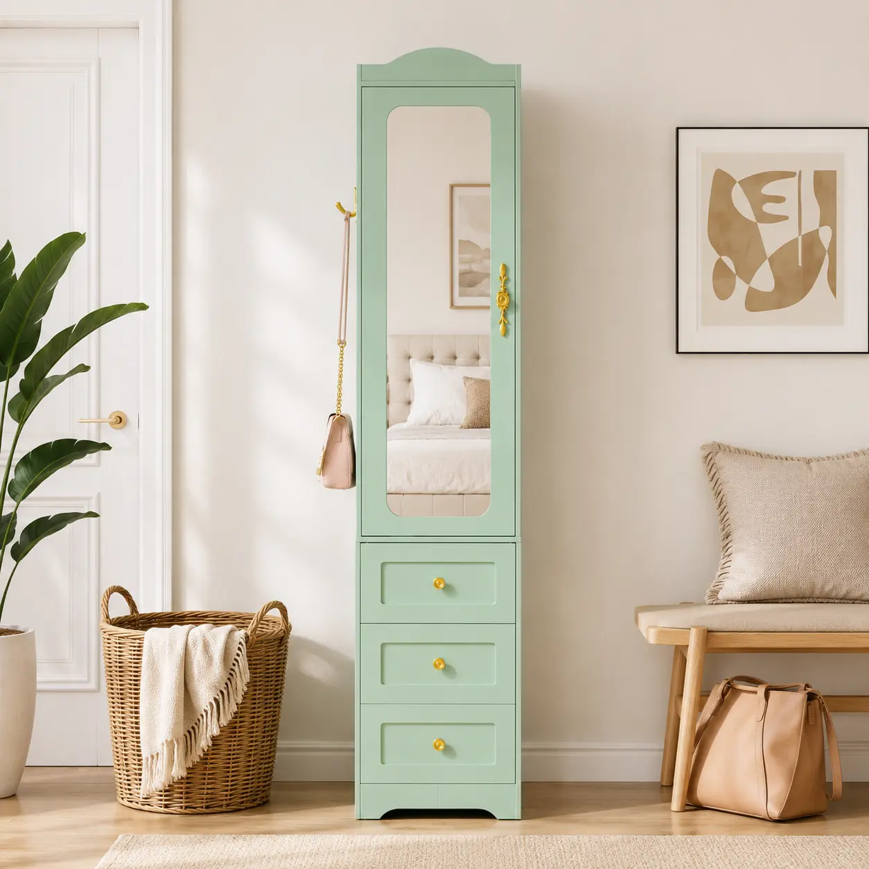 69.5" Green Armoire   with Full-Length Mirror, Smart Sensor LED Light, 3 Drawers, Hanging Rod and Side Hook, Freestanding Bedroom Storage Cabinet, Left-Opening Door