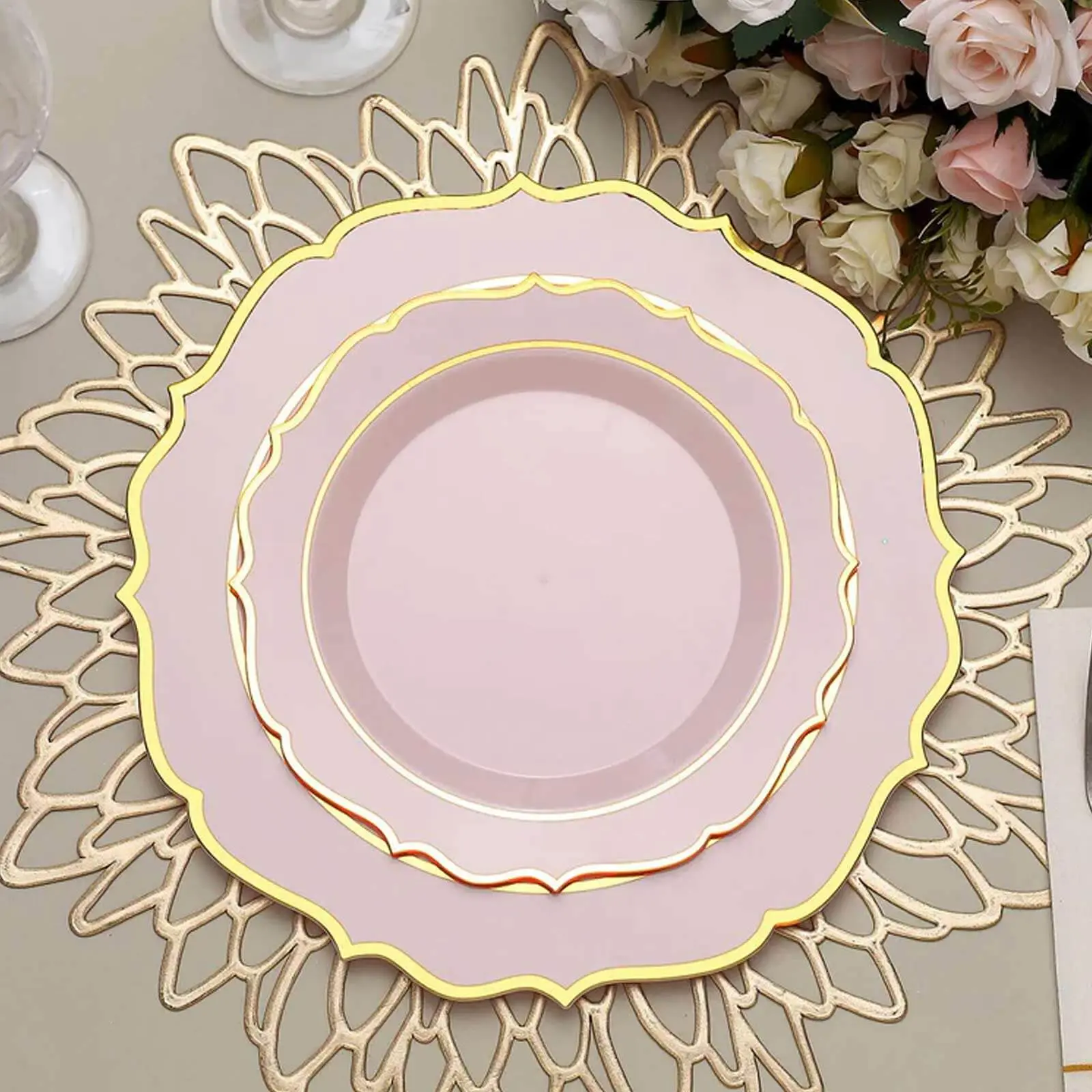 Elegant Blush Pink Disposable Party Plates 10-Pack - 8" Round Cute Disposable Tableware with Gold Scalloped Rim for Watch Party, Wedding-Ready Appetizer/Salad Plates, Elegant Plastic Plates