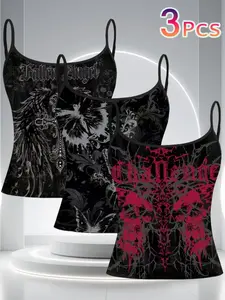 Dark Gothic Angel Print Strapless Top, Slim-Fitting Short Sleeveless Casual Shirt, Three-Piece Set, All-Over Print Design