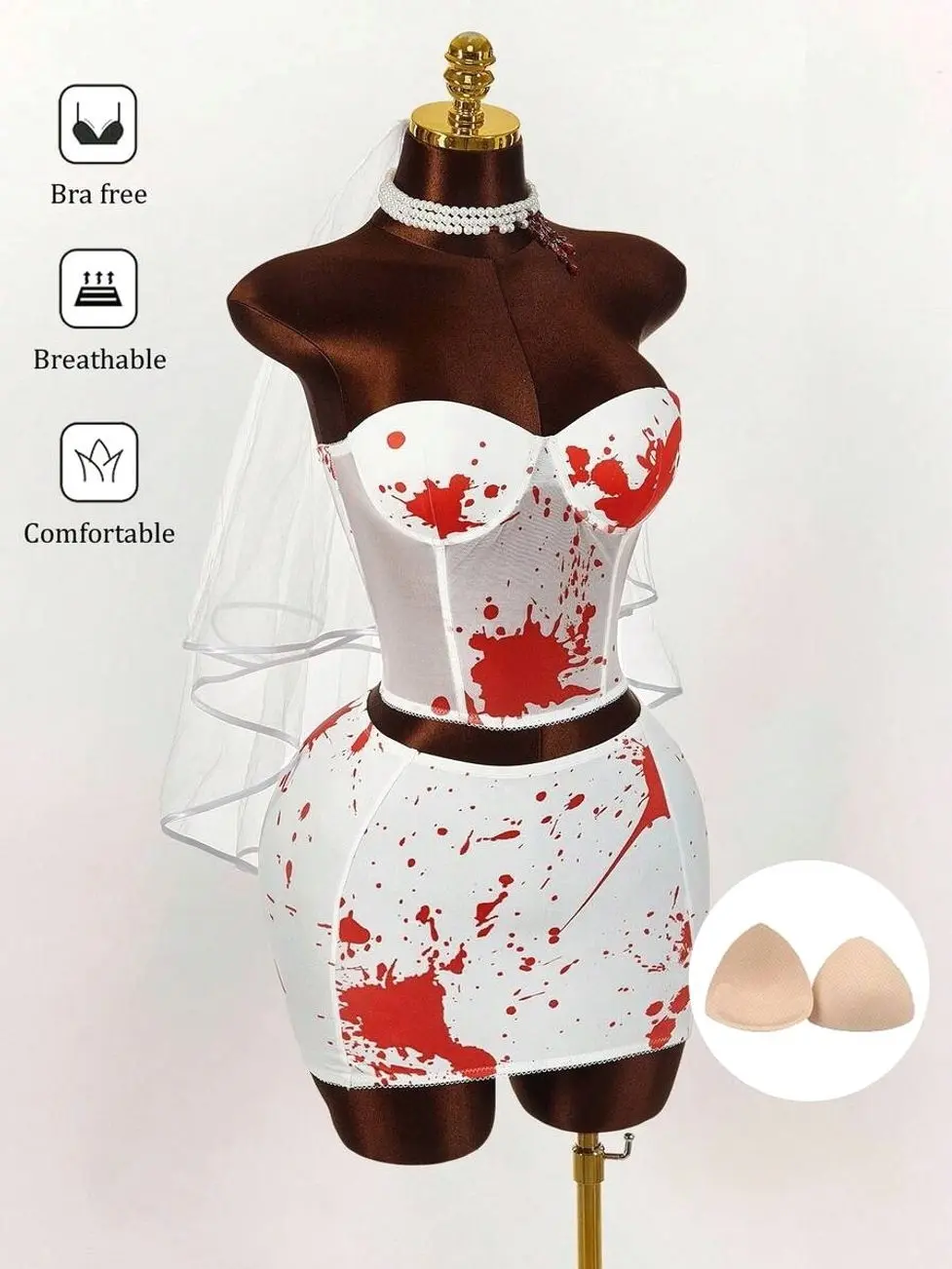 Y2K Sexy Splash Print Bandeau Top & Mini Skirt Set, Built-In Bra, Halloween Party Outfit