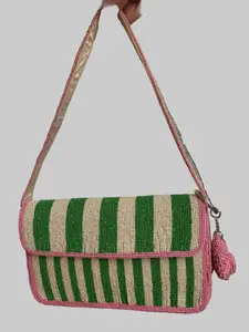 Trending Beaded Bags - Pink Green Stripes with Bag Charm