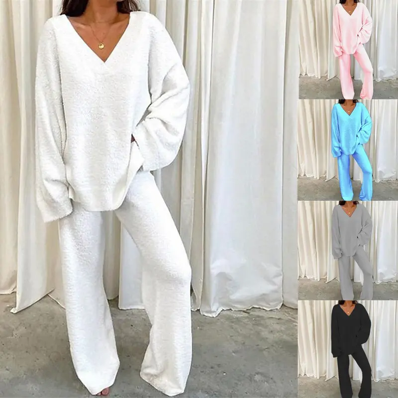 Women's Lounge Sets 2025 Fall Fashion 2 Piece Outfits Sweater Pajama Set Fuzzy Loungewear Matching Winter Clothes