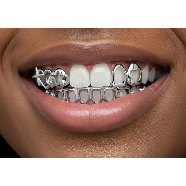 Silver Open Face Heart & Star Caps + Lower 6 Grillz 3pc Set
