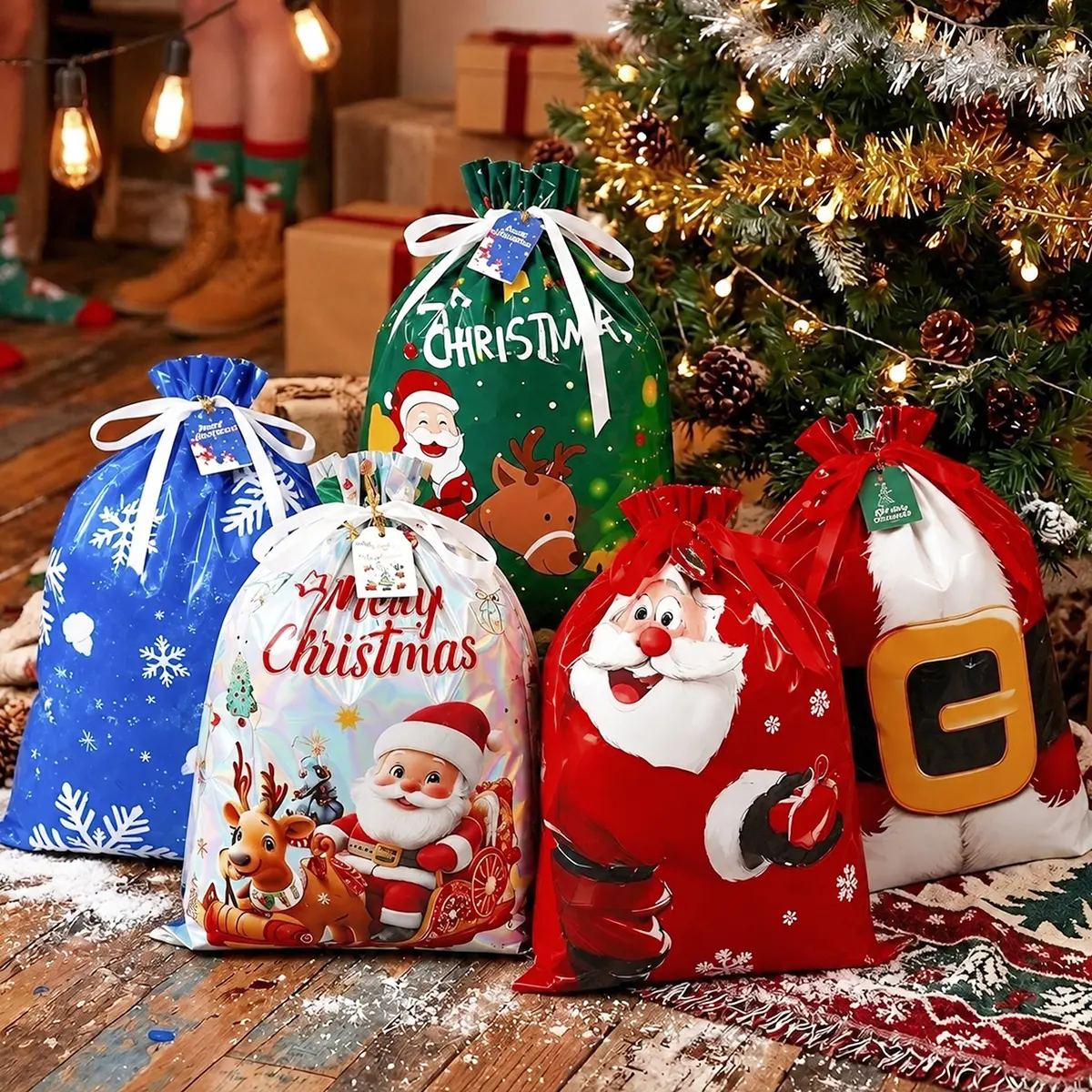 60PCS Christmas Drawstring Glitter Gift Bags (30 Colorful Bags + 30 Tags) - Assorted Sizes from Small to Jumbo, with Colorful Designs & Tags, Ideal for Holiday Wrapping & Decorations Party Favors, Say Goodbye to Single-Style Gift Bags
