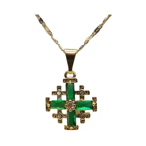 Gold Plated Jerusalem Cross Pendant Green Garnet Crystallized 20" Necklace with High-Quality Materials and Meaningful Symbolism