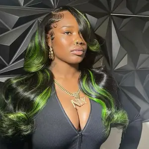 26 Inch Black & Neon Green Highlight Wig – 13x6 Lace Front, Heat Resistant Synthetic Hair (Up to 200°C), Long Body Wave Glueless Wig for Women