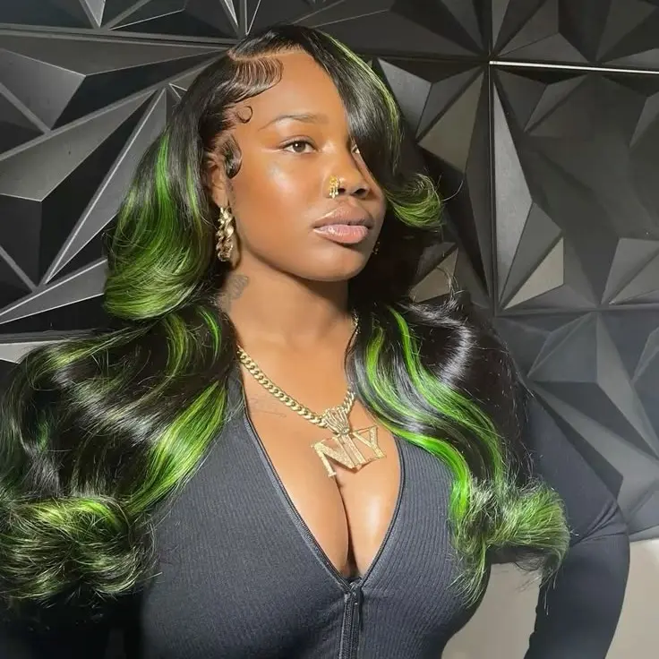 26 Inch Black & Neon Green Highlight Wig – 13x4 Lace Front, Heat Resistant Synthetic Hair (Up to 200°C), Long Body Wave Glueless Wig for Women