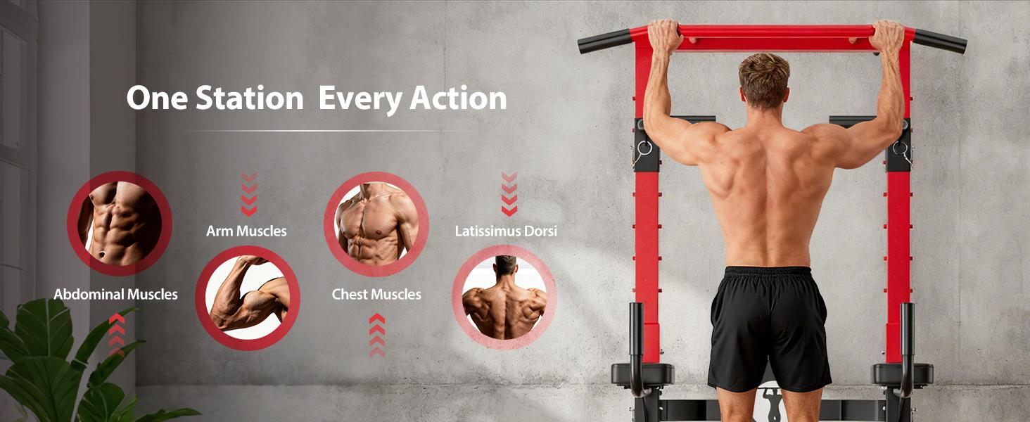 NICOLE SELECTION Power Tower with Adjustable Height & Foldable Design, Heavy Duty Pull Up Bar Station for Home Gym (150KG Load, Arm Protections, Stable Triangle Base)