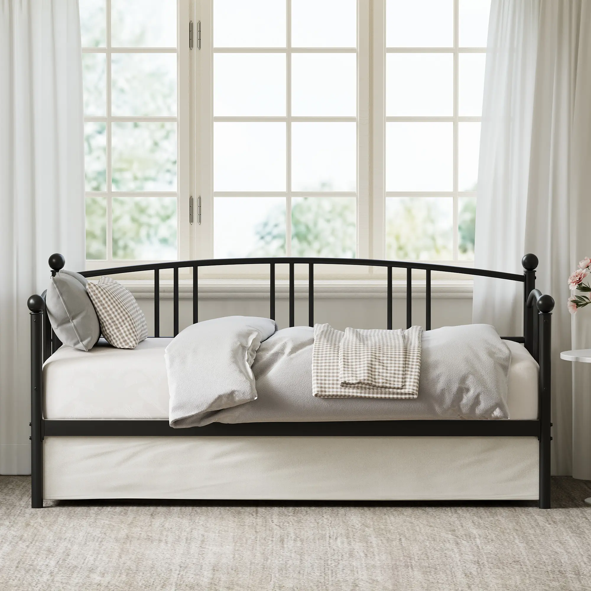 Versatile Twin Metal Daybed with Pullout Trundle - Arched Headboard, 6 Casters, Durable Steel Slat Support, No Box Spring Needed, Easy Assembly, Guest Sofa Bed Frame for Bedroom or Apartment