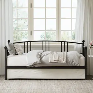 Versatile Twin Metal Daybed with Pullout Trundle - Arched Headboard, 6 Casters, Durable Steel Slat Support, No Box Spring Needed, Easy Assembly, Guest Sofa Bed Frame for Bedroom or Apartment