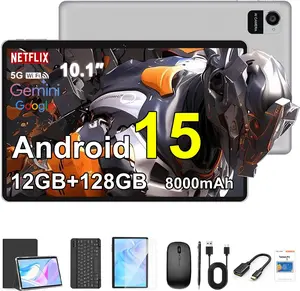 10.1 Inch Android 15 Tablet, 12GB+128GB Android Tablet, 8000mAh , 1280x800 Touchscreen, 5G WiFi/, Bundle with Case, Keyboard,  & Stylus (Gray)