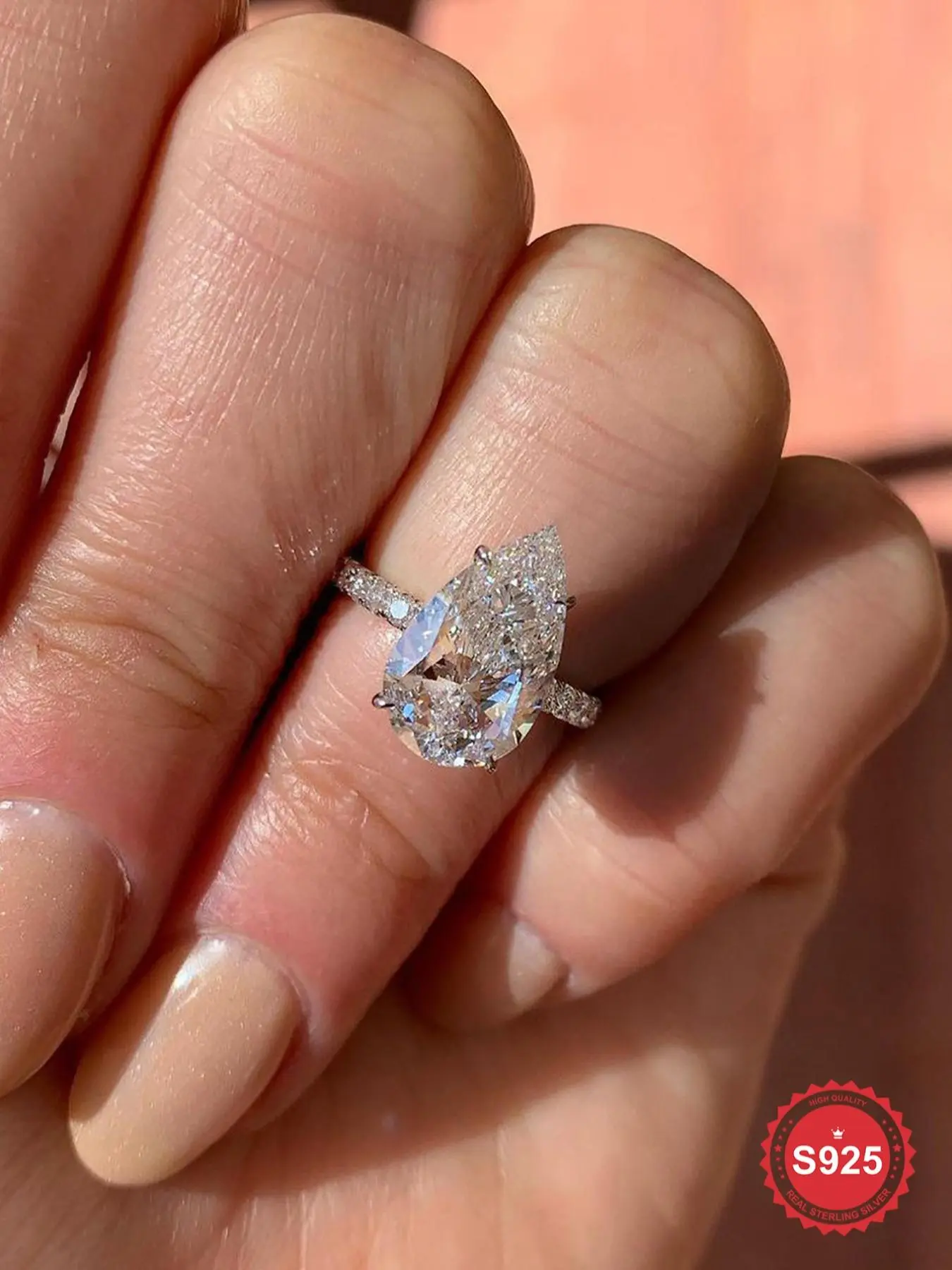 S925 Sterling Silver Water Drop Shaped Artificial Zircon Ring, Luxury Elegant Unique Ring for Women, Real 925 Sterling Silver Jewelry for Newborn Anniversary Gift
