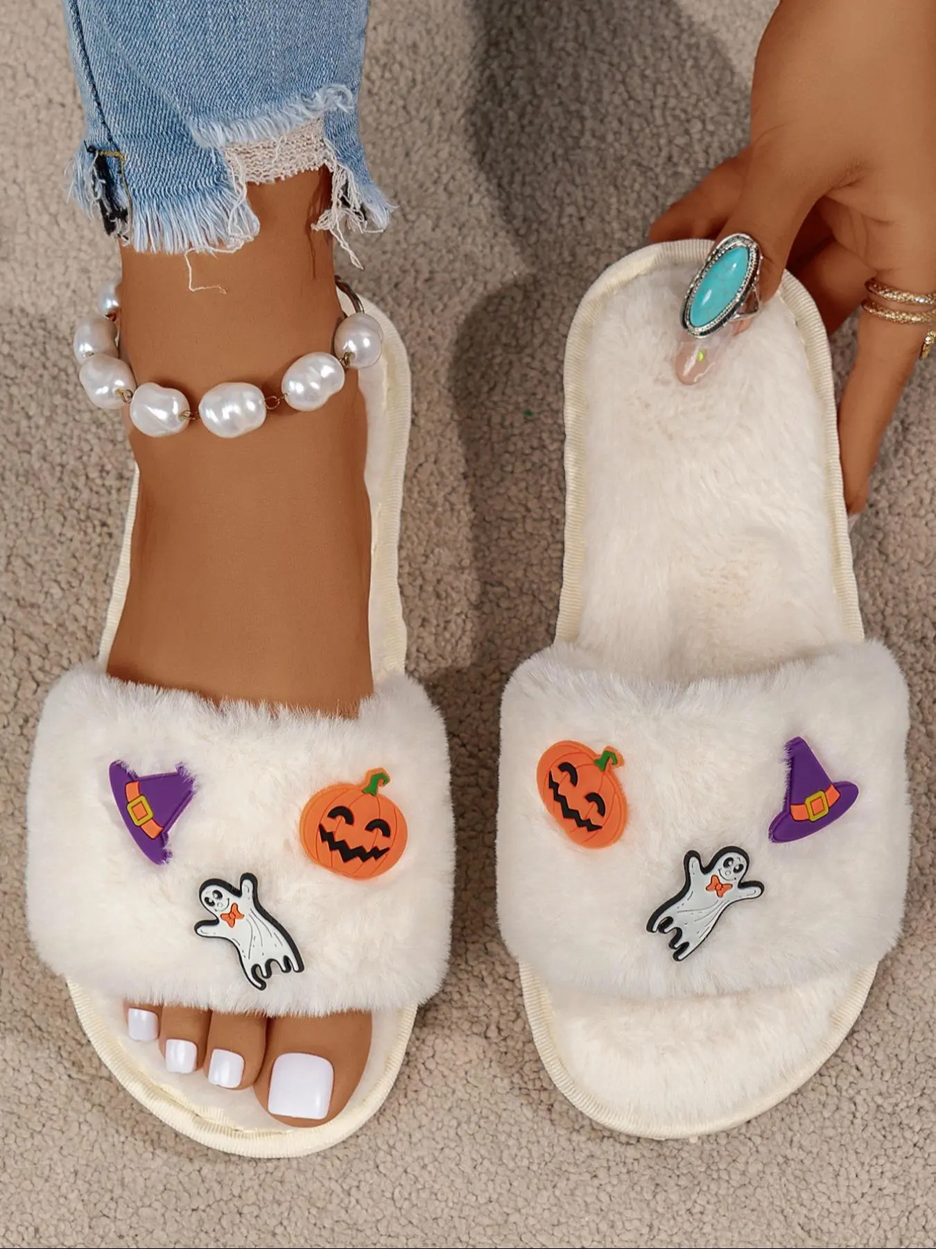 Women's Cute Pumpkin & Ghost & Witch Hat Decor Plush Slippers, Casual Soft Comfort Home Slippers, Warm Slippers for Indoor & Outdoor Use for Fall & Winter