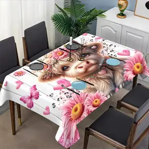 Cute Cow Daisy Tablecloth Set, Fabric, Suitable for Dining Tables, Tea Tables, TV Stands, Picnic Mats, Home and Party Use