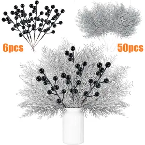 50 Pcs 14 inch Christmas Silver Artificial Pine Branches- 6 pcs 7.8 inch Black berries Glitter Fake Foliage Pine Stems Picks- Silver Leaves Artificial Pine Needles For DIY Christmas Wreath Home Decoration