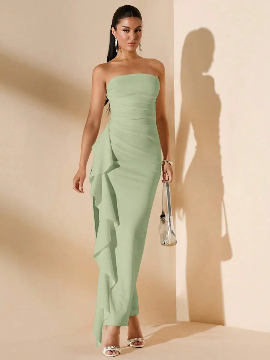 GLAMOUR Elegant Sage Green Summer Cocktail Tropical Dress,Sleeveless Off-Shoulder Pleated High Slit Ruffle Wrap Long Dresses For Women Bridesmaids Wedding