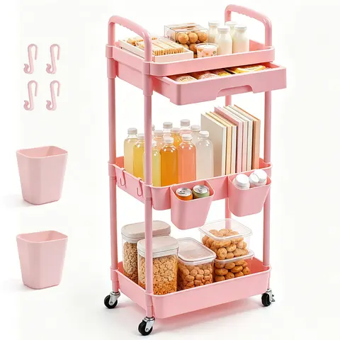 3-Tier Lightweight Plastic Frame Rolling Utility Rack - Household Storage Organiser with Wheels, Handle, Hanging Cups, Hooks for Home, Home Office (Black/Pink)