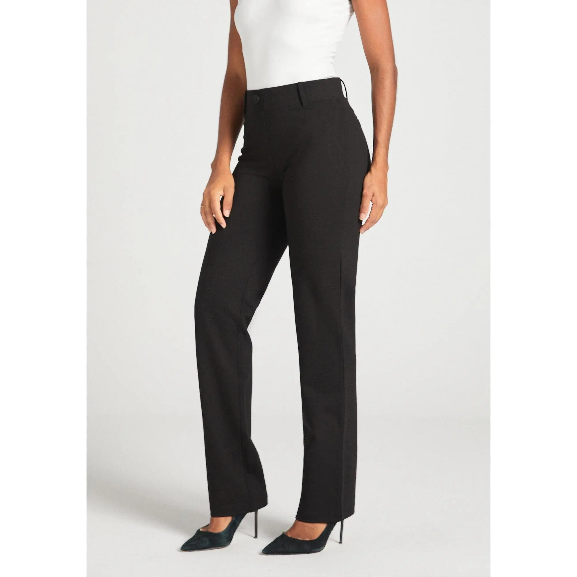 Betabrand Classic Dress Pant Yoga Pant Straight Leg, Mid Rise Waist - Black (XS-XXL Regular, Petite, Long) Wrinkle Resistant Stretch Ponte Knit
