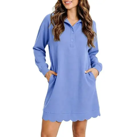 Fisoew Womens T Shirt Mini Dress Casual Long Sleeve V Neck Athletic Dresses | Scalloped Hem, Pocket, Button, Polo, Lightweight, Soft, Loose Fit, Cute, Active, Comfy, Tunic, 2026 Fall