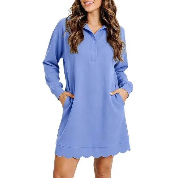 Fisoew Womens T Shirt Mini Dress Casual Long Sleeve V Neck Athletic Dresses | Scalloped Hem, Pocket, Button, Polo, Lightweight, Soft, Loose Fit, Cute, Active, Comfy, Tunic, 2026 Fall