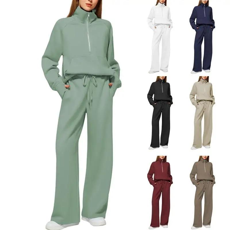 Half-Zip Knit Collared Long Sleeve Wide Leg Two Piece Set
