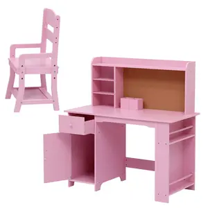 Kids Desk and Chair Set with Bookshelf, Storage Cabinets, Bulletin Board - Wooden Study Table for Boys and Girls Ages 3-8 - Ideal for Bedroom or Study Room - White or Pink